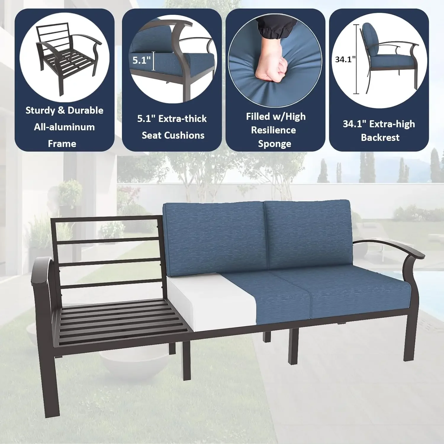 Aluminum Patio Furniture Set  Outdoor Furniture Patio Sectional Sofas Patio Conversation Set , Backyard, Poolside-Dark Blue