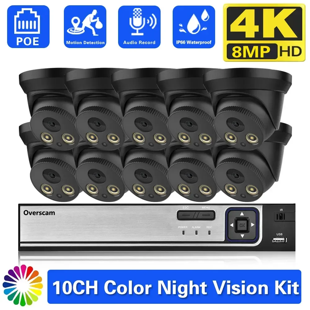 

H.265 10CH 4K Security Camera System POE 8MP Ai Human Indoor Outdoor Metal Dome Color Night Video Surveillance CCTV Camera Kit