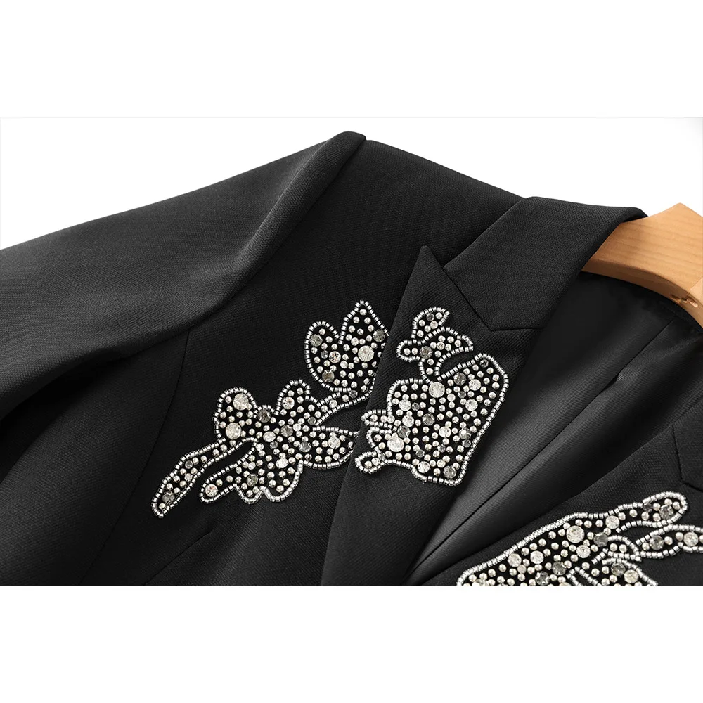 تخصيص أسود اثنين زر حبة صورة ظلية الخصر cinching دعوى سترة عالية الجودة المرأة الأعلى #3