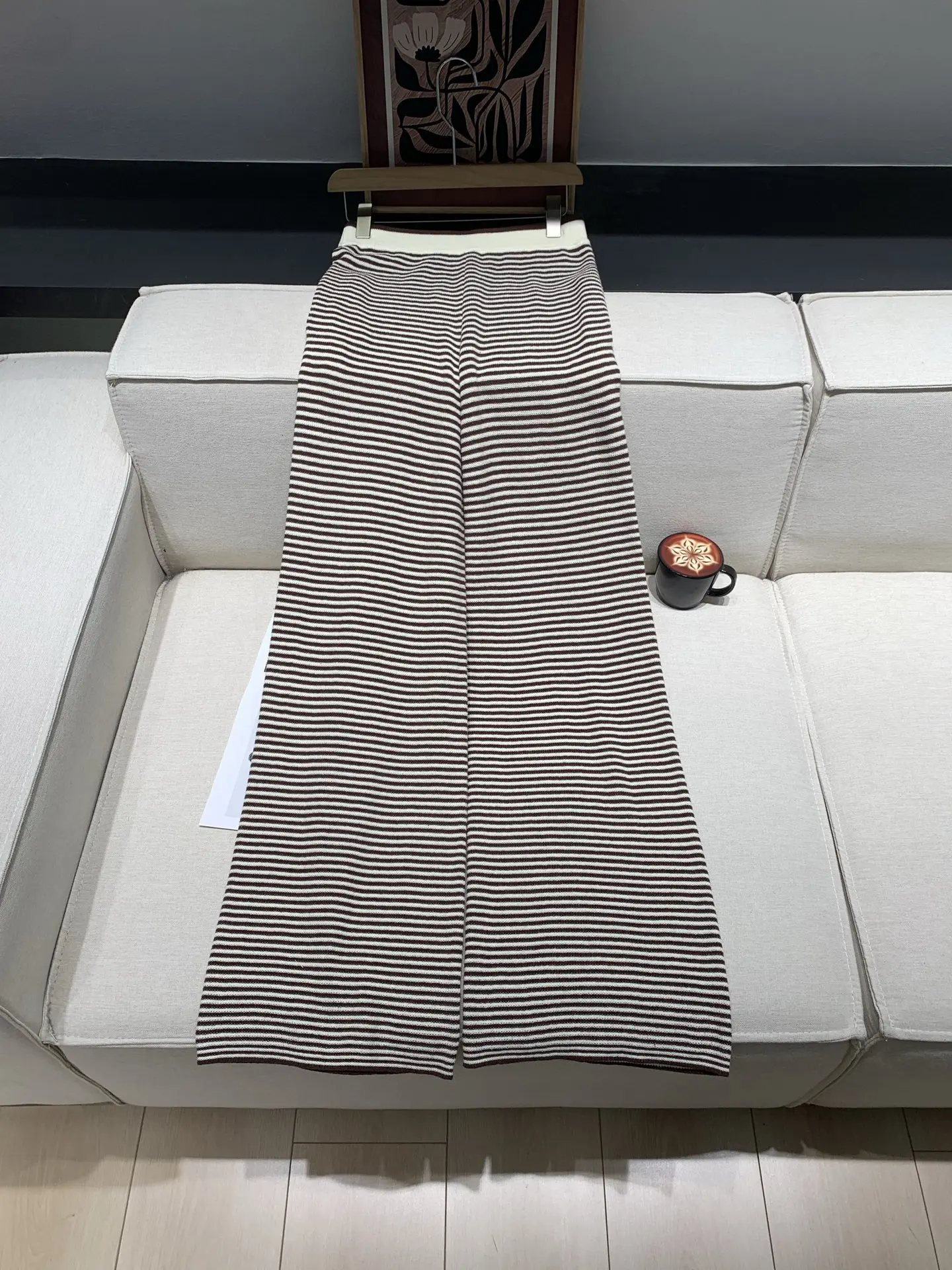 

Women 100% Cotton Striped Long Pants Color Patchwork Elastic Waist Straight Loose Knitted Wide Leg Trousers