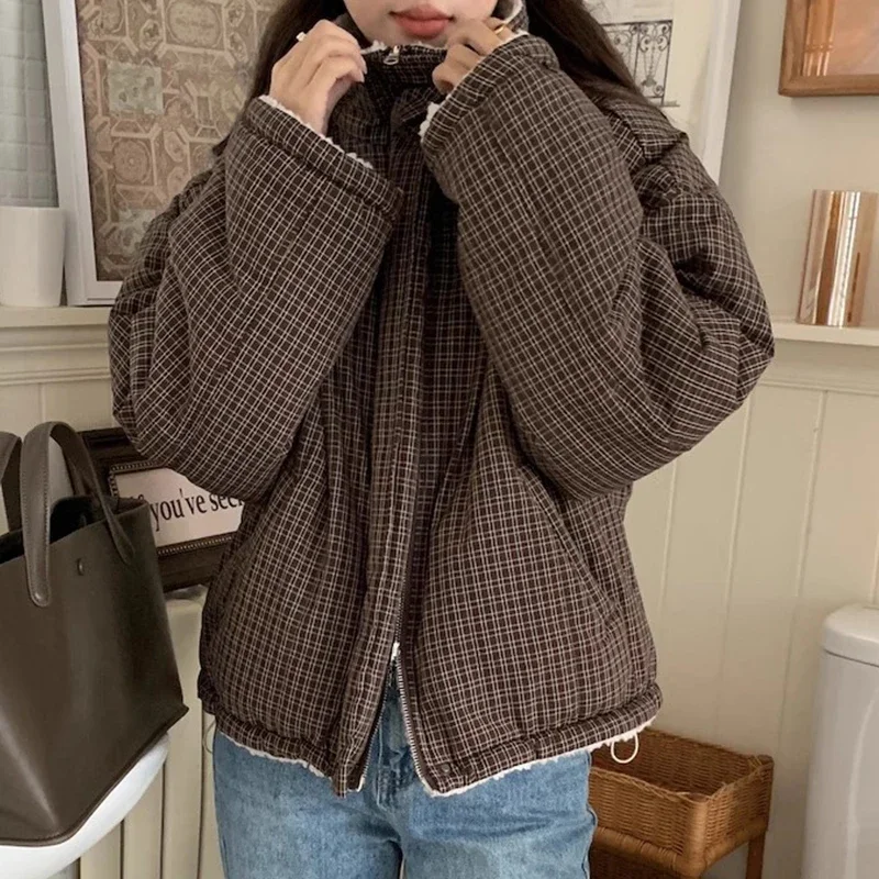 Two Ways Wear Abrigos Invierno Long Sleeve 2025 Woman Outerwears Winter Warm Jacket Stan De Collar Plaid Parkas Korean Coats