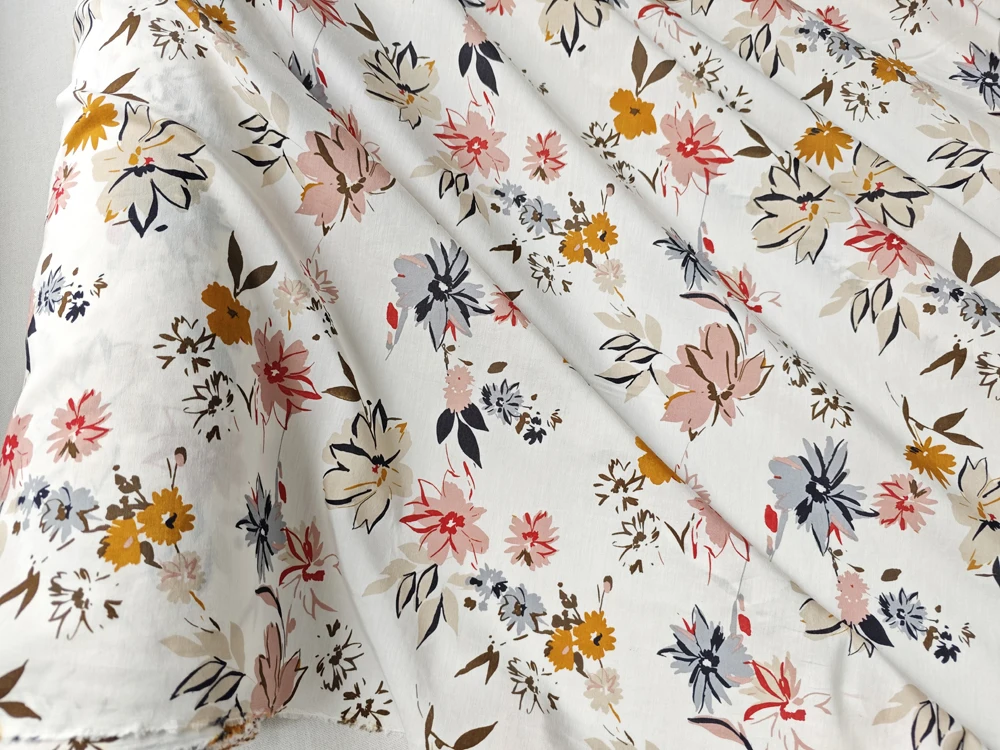 54'' Wide By Meter White Floral Soft Natural Silk Cotton Fabric Mulberry Silk Scarf Shirt Wedding Dress Material view 3