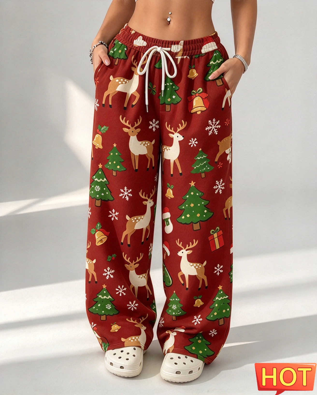 Cartoon Christmas Reindeer Print Female Pants Funny Santa Claus Pattern Wide Leg Pants Casual Loose Home Pants Woman Clothing
