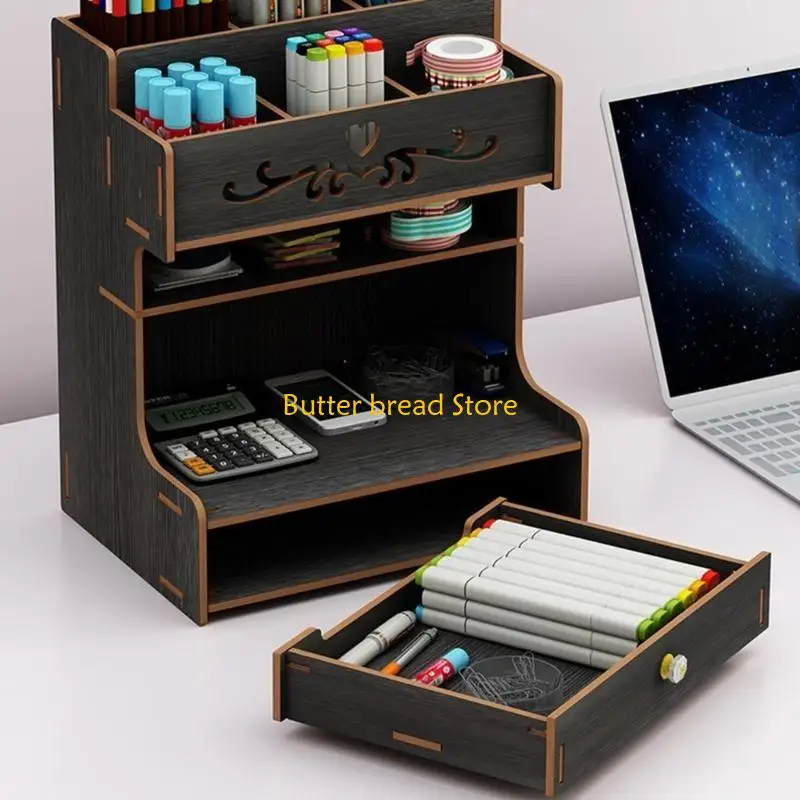 حامل القلم الخشبي W89C مع رف منظم الدرج متعدد الوظائف سطح المكتب الثابت