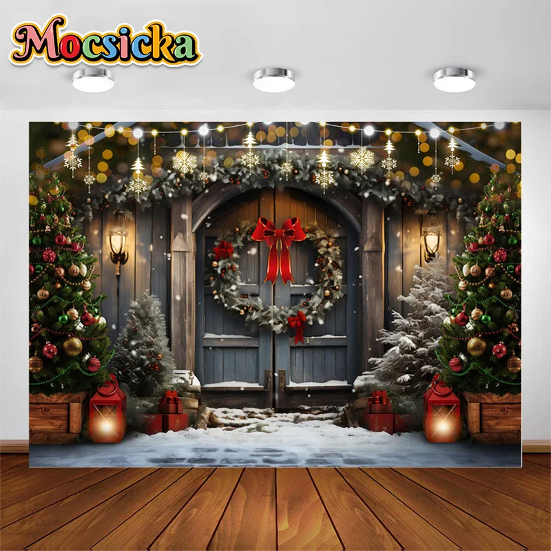 

Winter Christmas Photography Backdrops Wreaths Wooden Doors Street Lights Xmas Tree Decor Backgrounds Kids Family Portrait Photo