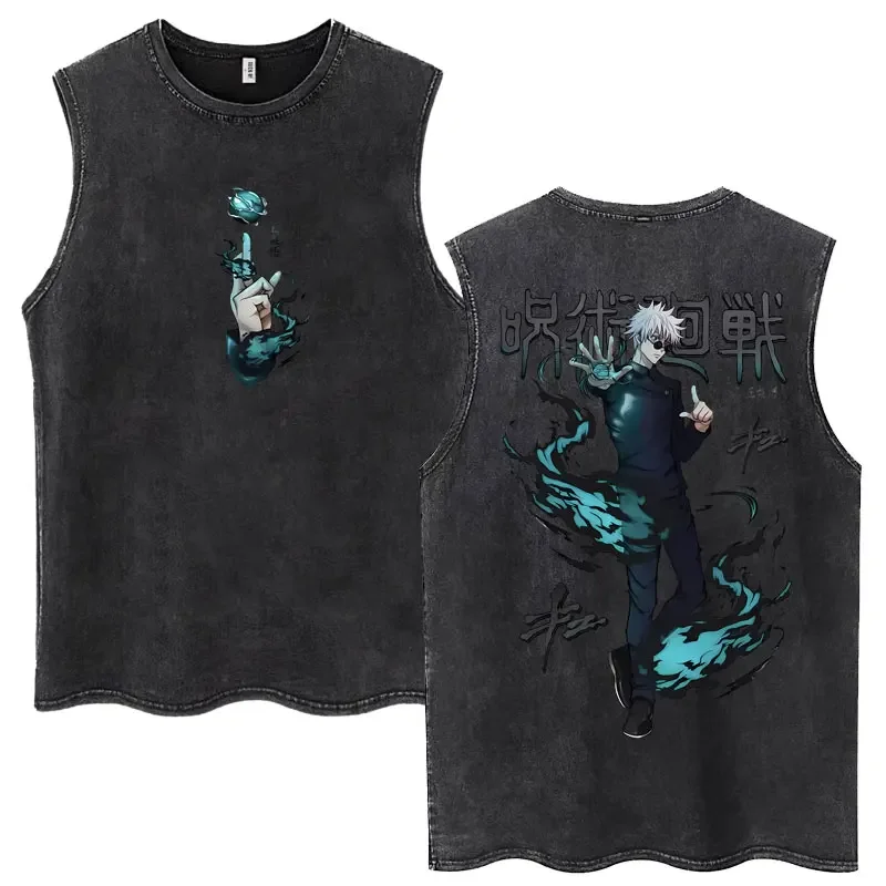 Anime Jujutsu Kaisen Satoru Gojo Vintage Wash Tank Tops Men Women Classic Manga Cotton T Shirt Fashion Loose Sleeveless T-Shirt
