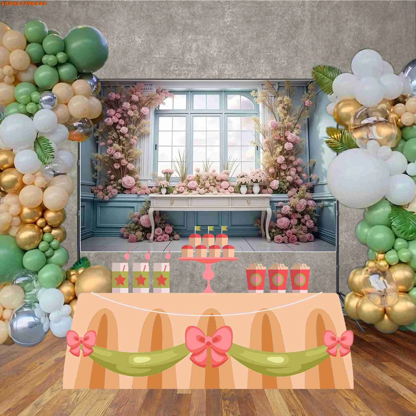 Floral Flower Balloon Curtain Birthday Photocall Background Wedding Photobooth Arch Backdrop Photography Studio Props