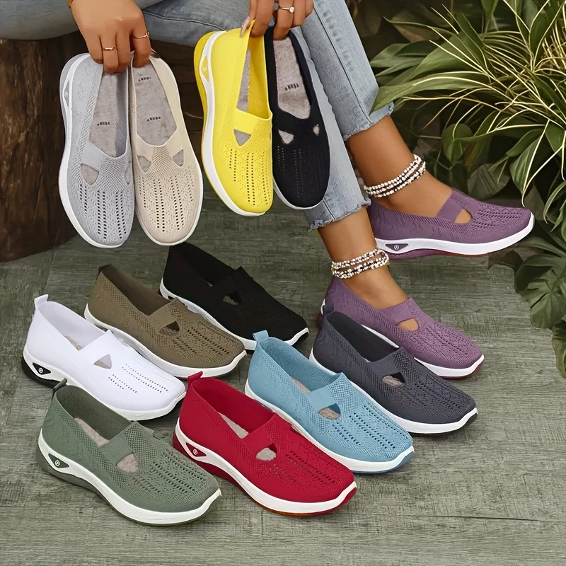Women's Breathable Knit Sneakers - Lightweight Low-Top Sneakes with Cut-Out
