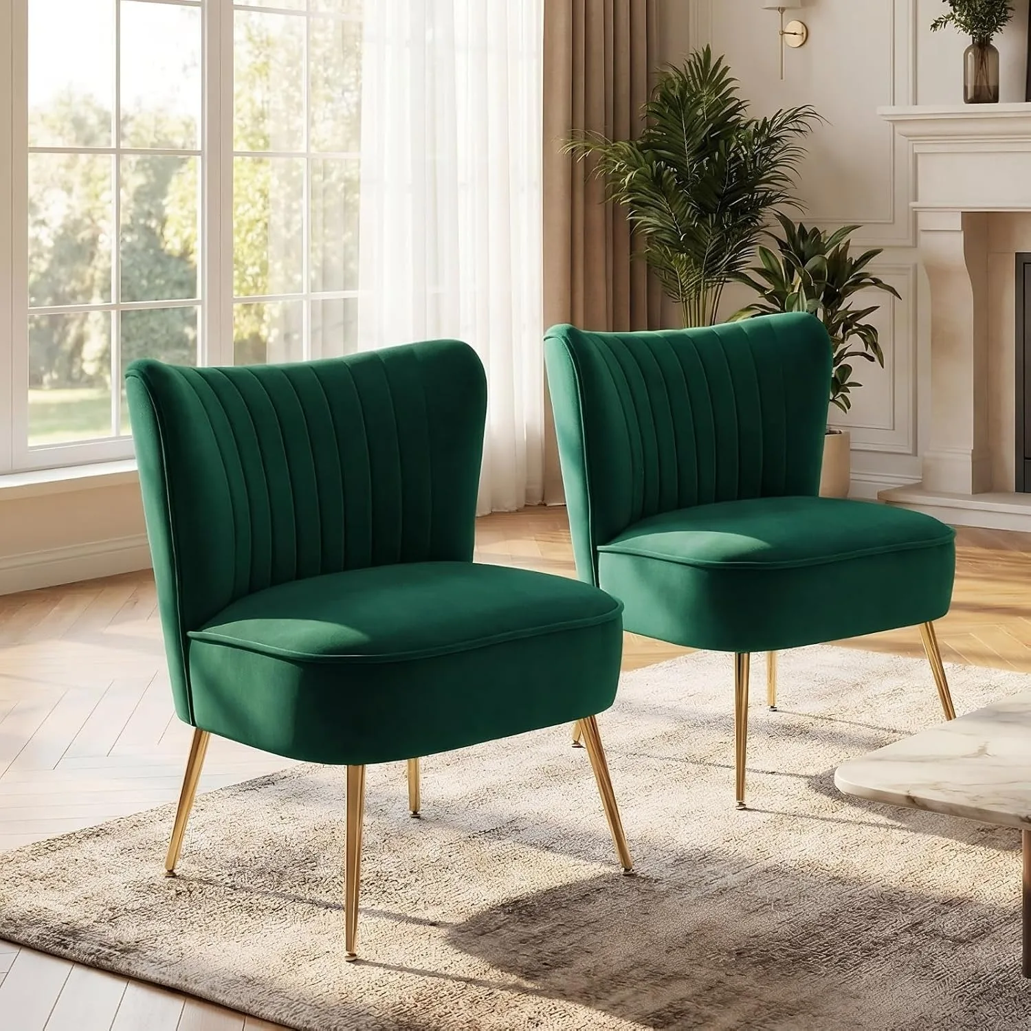 Modern Accent Chair Set of 2 Velvet Slipper Chair with Gold Legs Wingback Side Chair for Living Room Bedroom Entryway Small Corner Chair for Space Saving, Green