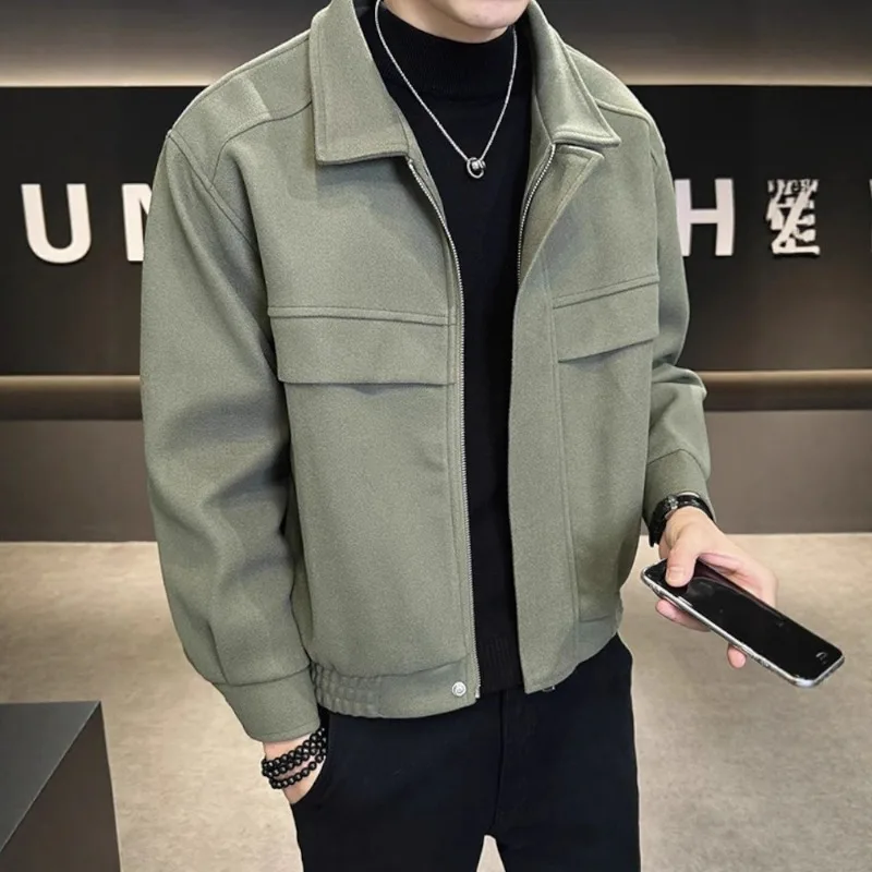 KIDWHXR Korean Jacket Man Autumn Vintage Turn Down Collar Men Outerwear Simple Solid Patchwork Male Business Casual Coat