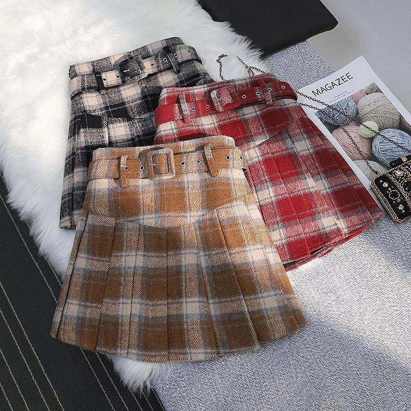 Vintage Plaid Mini Skirt Korean Preppy Pleated A Line Women Woolen Cloth Skirts Spring Fall Sweet Belt Student Casual Skirt New