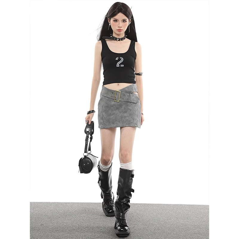 

Fashion Asymmetric Belt Decorate Design Women Half Skirt Streetwear 2024 Summer New Trendy Girls Sexy Skirts