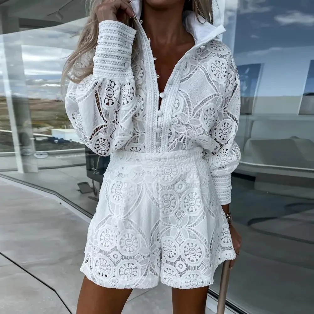 

Hollow Lace Embroidery Shirts Women's Suit Summer A-line Double Layer Summer Short Sets Stand Collar Casual Holiday Blouse 2 Pie