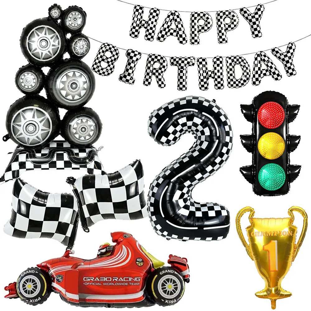 27'' Number Race Car Balloon Car Wheel Black White Checkered Racing Flag Balloons for Baby Shower Boys Birthday Party Decoration