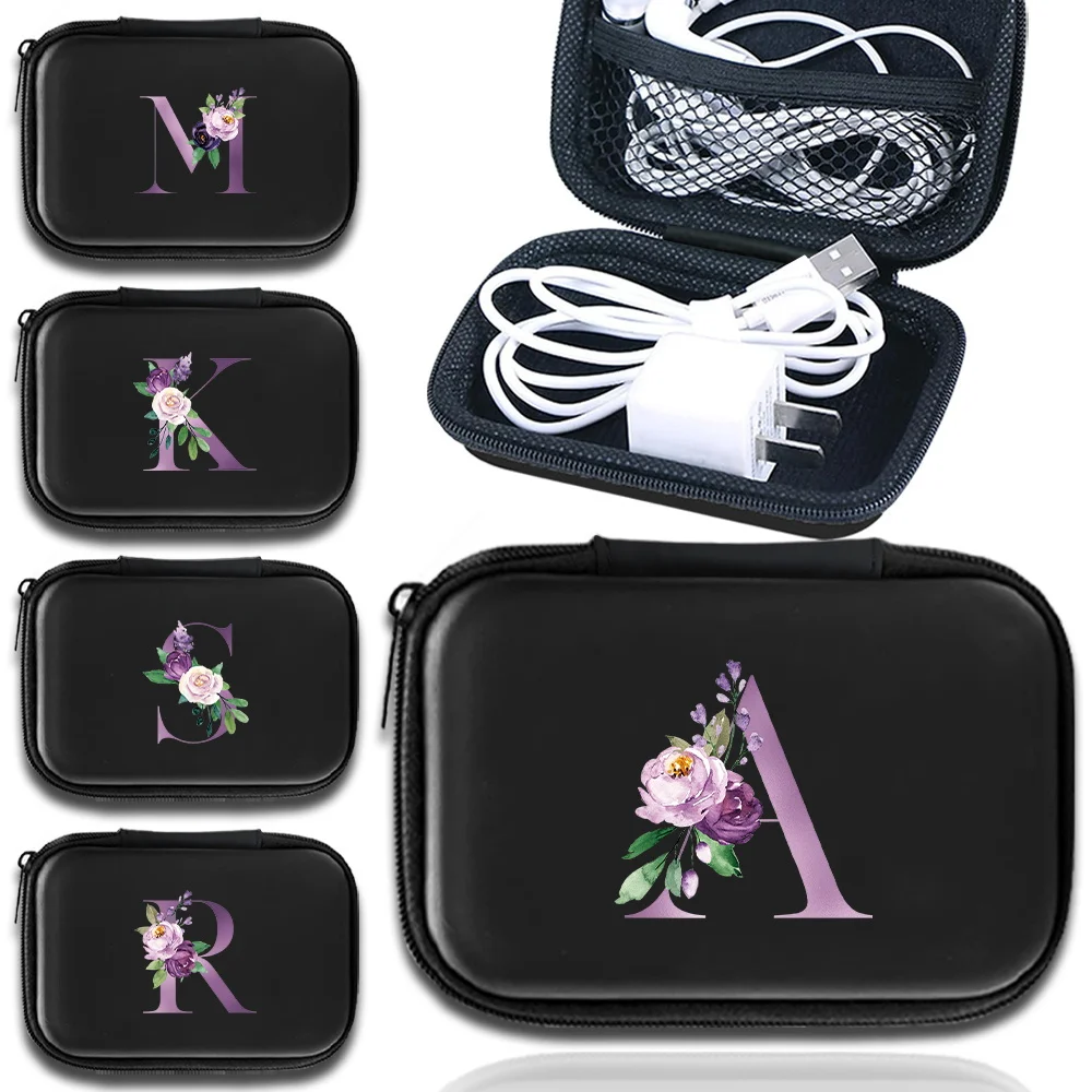 

Portable Data Cable Storage Bag for USB Coin Memory Card Pouch Bag Waterproof Zipper Earphone Case Purple Pattern Series