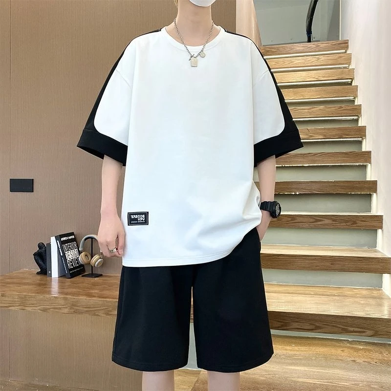 

Men's Summer 2 Piece Outfit Set Short Sleeve T Shirt Casual Streetwear Hong Kong Style Plus Size for Teen Boys Students