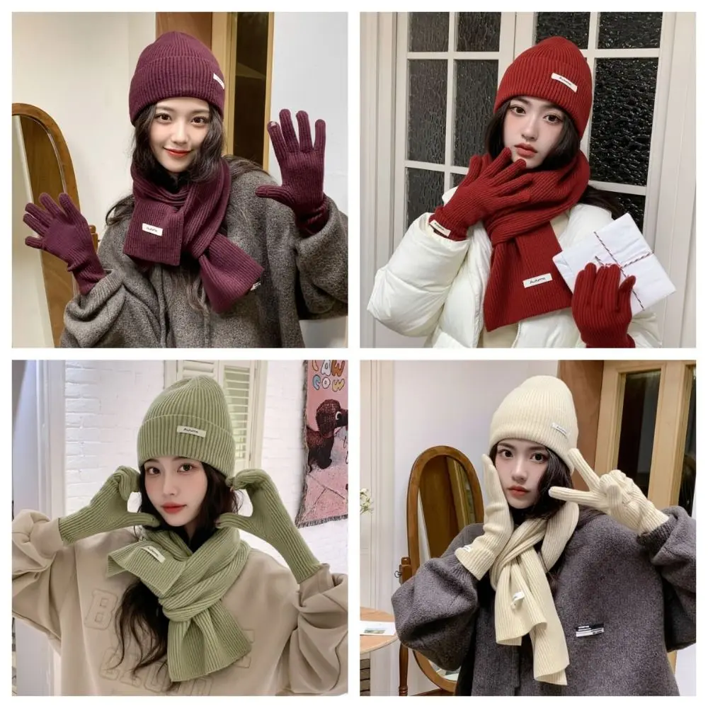 New Red Hat Scarf Gloves Set Warm Cotton Thickened Knitted Woolen Cap New Year Ear Protection Winter Beanie Hats Christmas Gift
