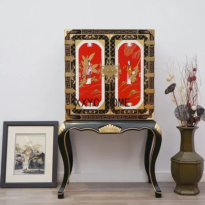 

New Chinese Style Solid Wood Entrance Home Hallway Painted Wine Cabinet Light Luxury Elm Living Room Side Cabinet Customization