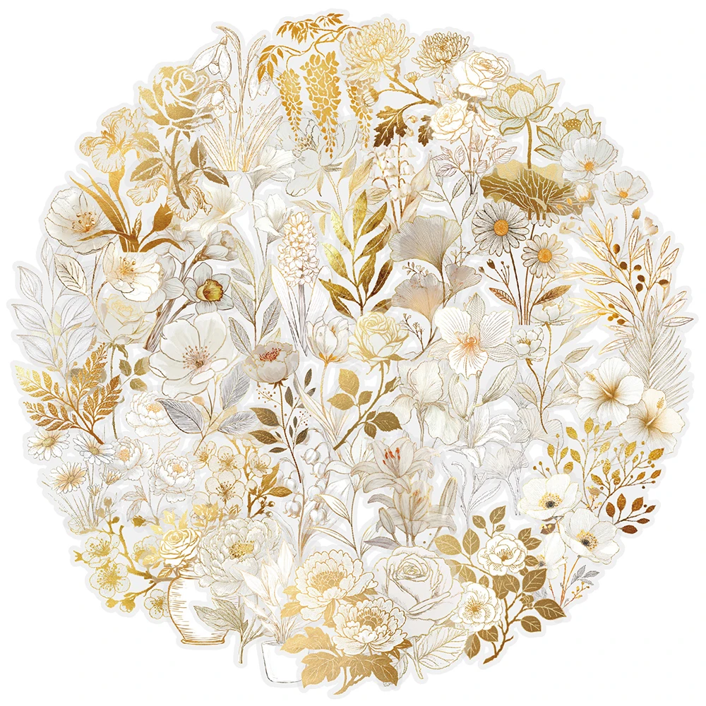10/30/50pcs Transparent White Golden Plant Flower Stickers Retro Aesthetic Sticker DIY Luggage Phone Guitar Diary Decals Decor