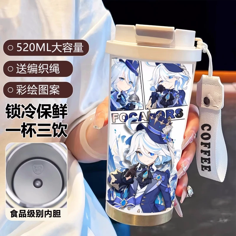 530ml Thermos Cup Genshin Impact Cartoon Hutao Kamisato Ayaka Venti 316 Stainless Steel Water Coffee Cup Office Students Gif