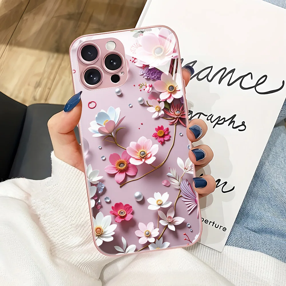 Tempered Glass Multicolored Flowers Phone Case For iPhone 17 Pro Max 16 17 15 14 13 12 11 14 ProMax Case Cover Shockproof Luxury