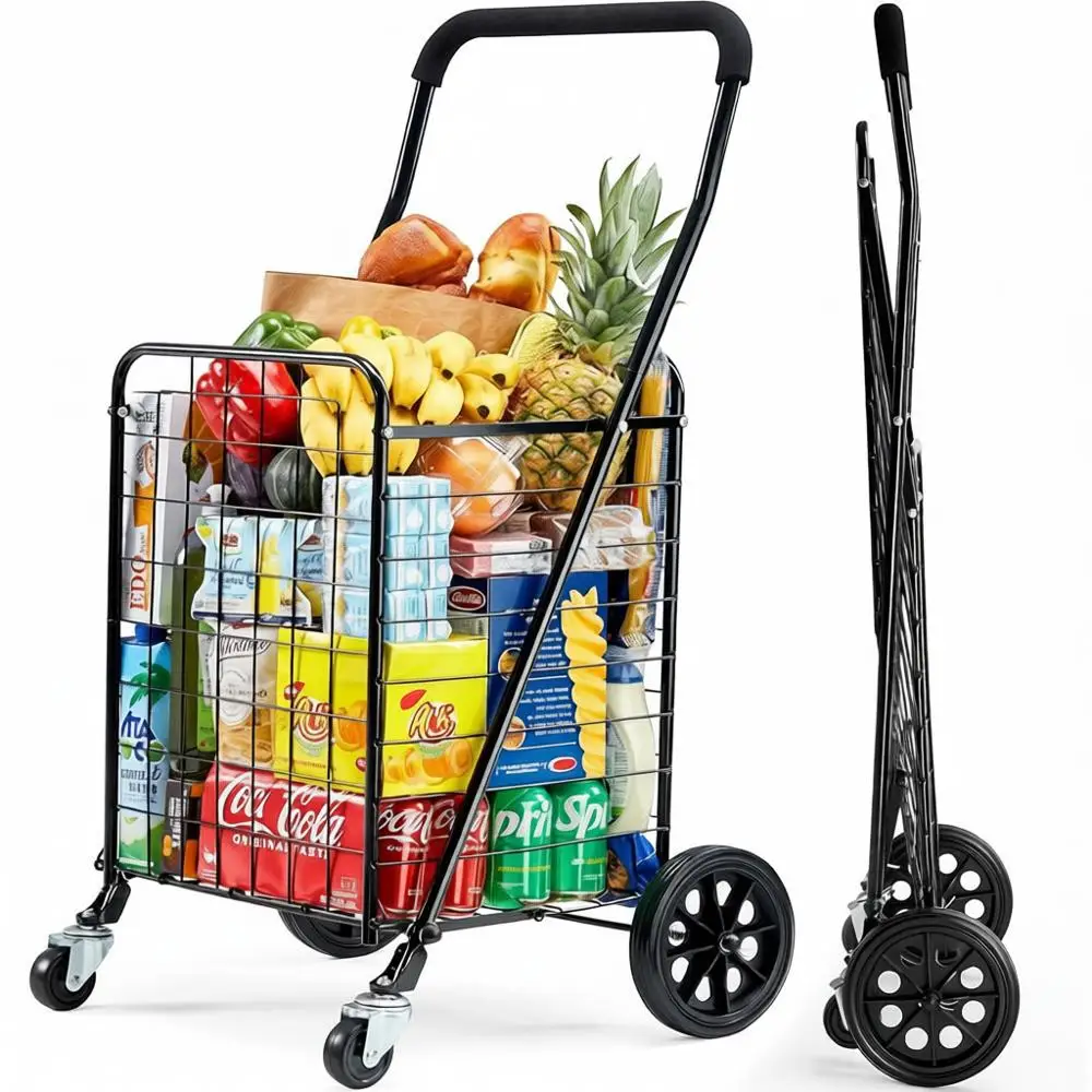 

Compact Dual Swivel Wheels Shopping Cart, Adjustable Handle, Lightweight, Holds up to 66lbs, Black