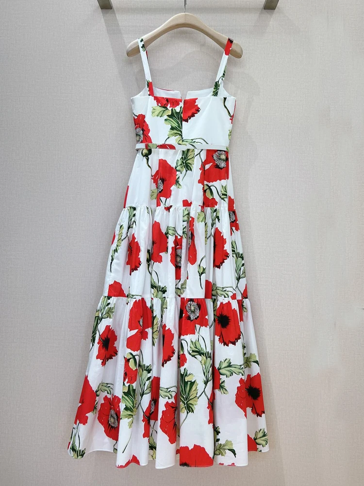 AELESEEN Elegant Sicily 100% Cotton Dress Runway Fashion Women Spaghetti Strap V-Neck Red Flower Print Belt High Quality Poplin