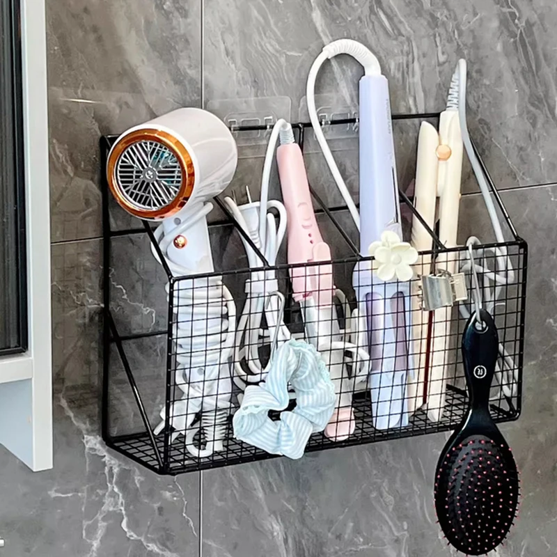 -Wall Mounted Hair Dryer Holder Curling Iron Holder Hair Styling Tools Organizer With Shelf Hooks Multi-Functional Storage Rack