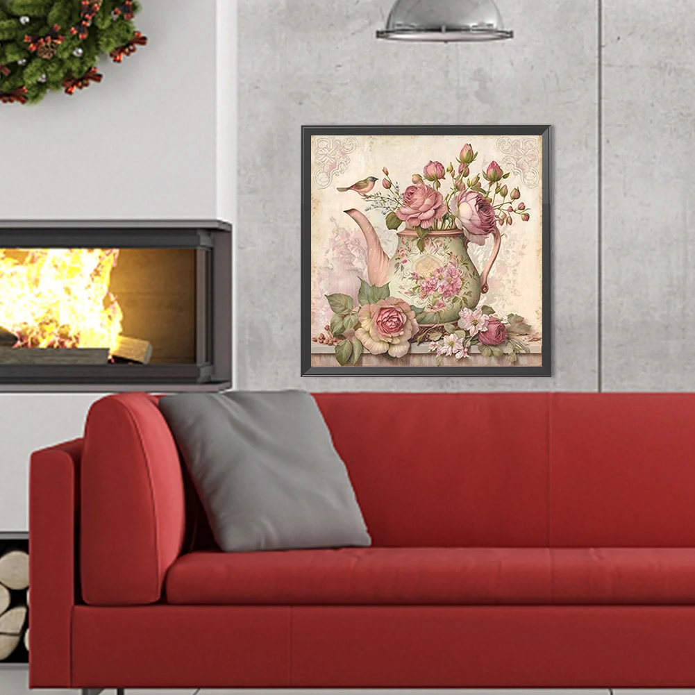 5D DIY كامل جولة الحفر الماس اللوحة الوردي زهرة إبريق الشاي عدة ديكور 40x40cm