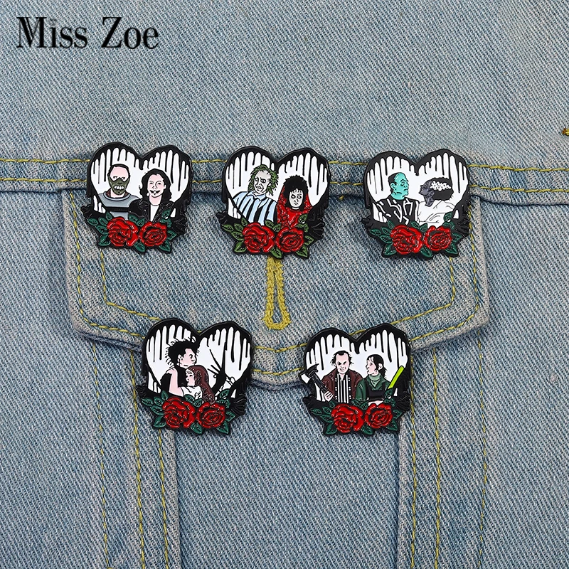 Horror Movies Enamel Pins Custom Movie Couple Heart Brooches Lapel Badges Clothes Punk Gothic Jewelry Gift for Friends