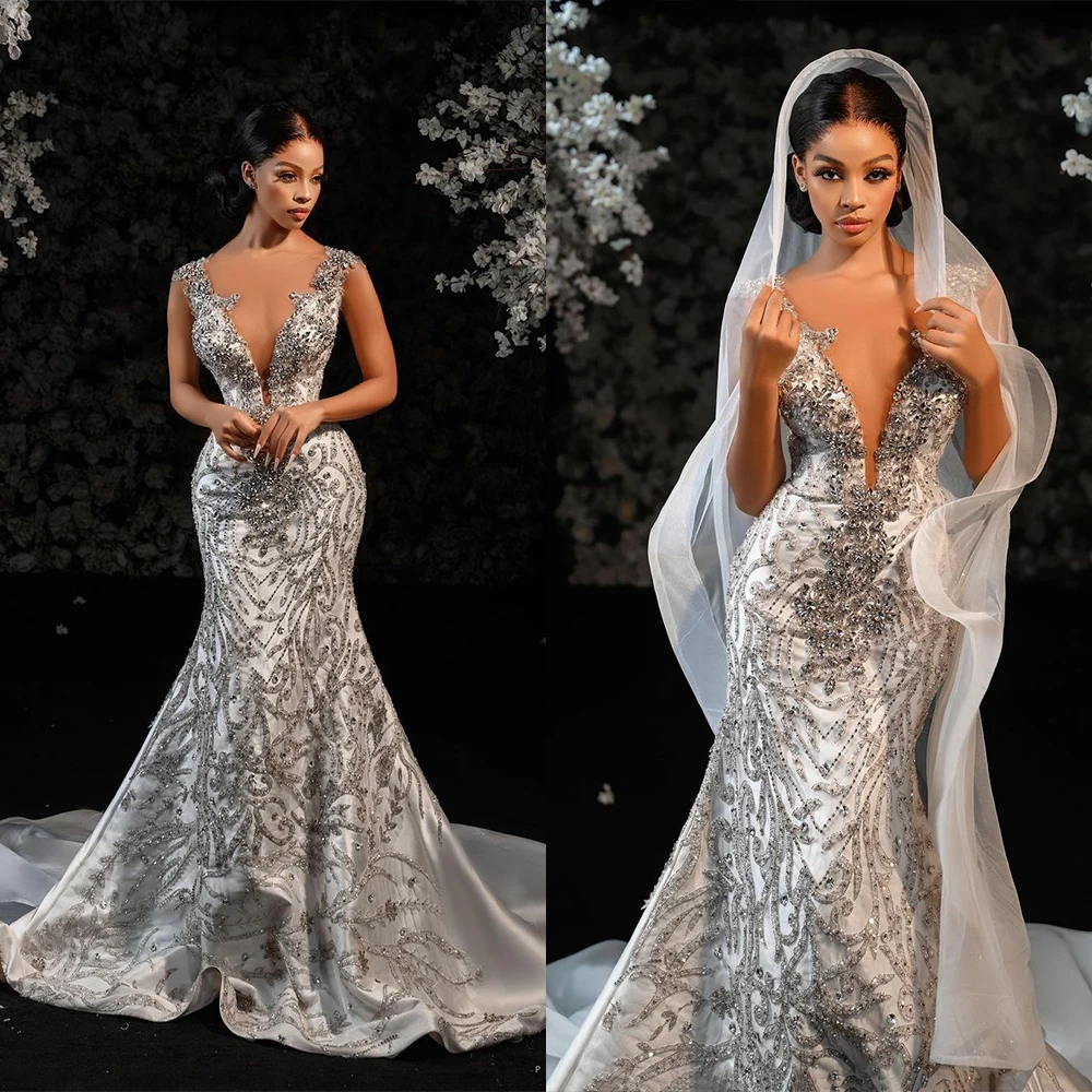 فساتين زفاف مثيرة بحورية البحر فساتين زفاف عميقة على شكل حرف v خرز كريستالي بدون أكمام زينة فستان زفاف رداء De Vestido مخصص #1