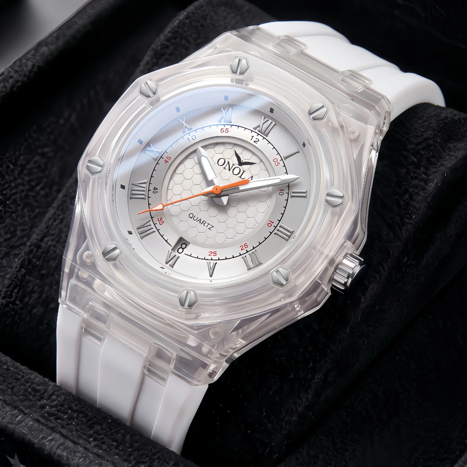 ONOLA Transparent Circular Watch, Transparent Plastic Case, Silicone Strap, Quartz Date Function, Suitable for Daily Wear