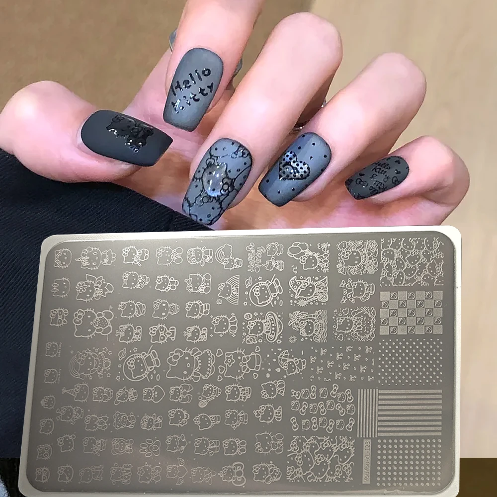 1 pz XL Hello Kitty Design Nail Stamping Piastra Adesivi Occhiali da cartone animato Kitty Cat Head Transfer Nail Piastra d'acciaio Strumenti 14.5*9.5