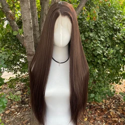 Medium Brown Synthetic Hair Full Lace Wigs for Black Women Heat Resistant 26 Inch Long Straight Full Hand Tied Free Part 150%