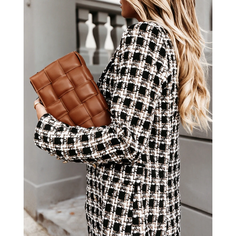 Autumn Women Plaid Tweed Nothched Collar Blazer Coats Femme Elegant Winter Double Breasted Long Sleeve Outwear Clothing