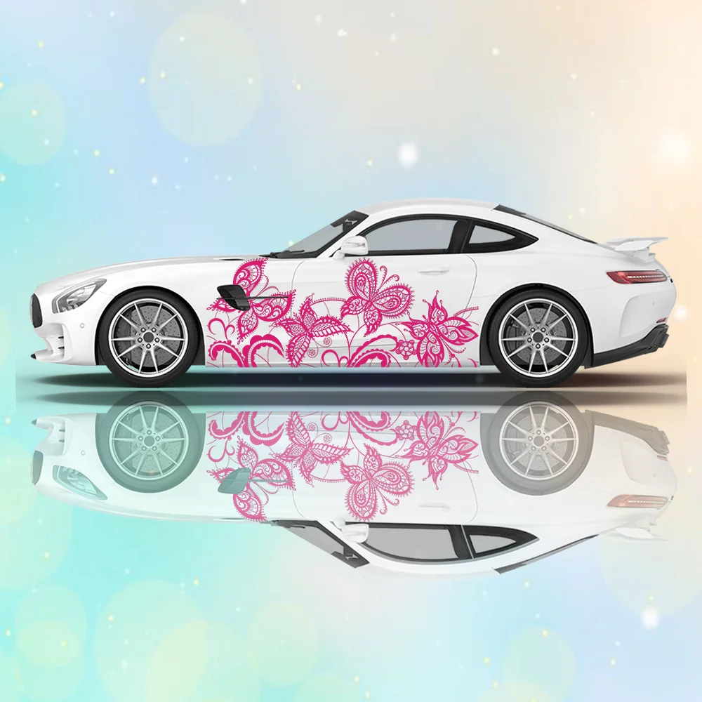 

Красные линии, цветы, бабочка, автомобильные виниловые наклейки, самоклеящаяся наклейка из ПВХ, подходит для грузовиков, внедорожников, украшения, автоаксессуары