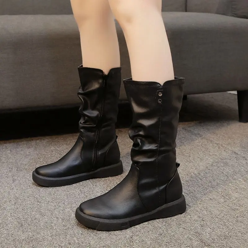 Footwear Half High Mid Calf Ladies Boots Flat Black Shoes For Women Round Toe Chic Point Hot Promotion Fashion 2024 Demi-season