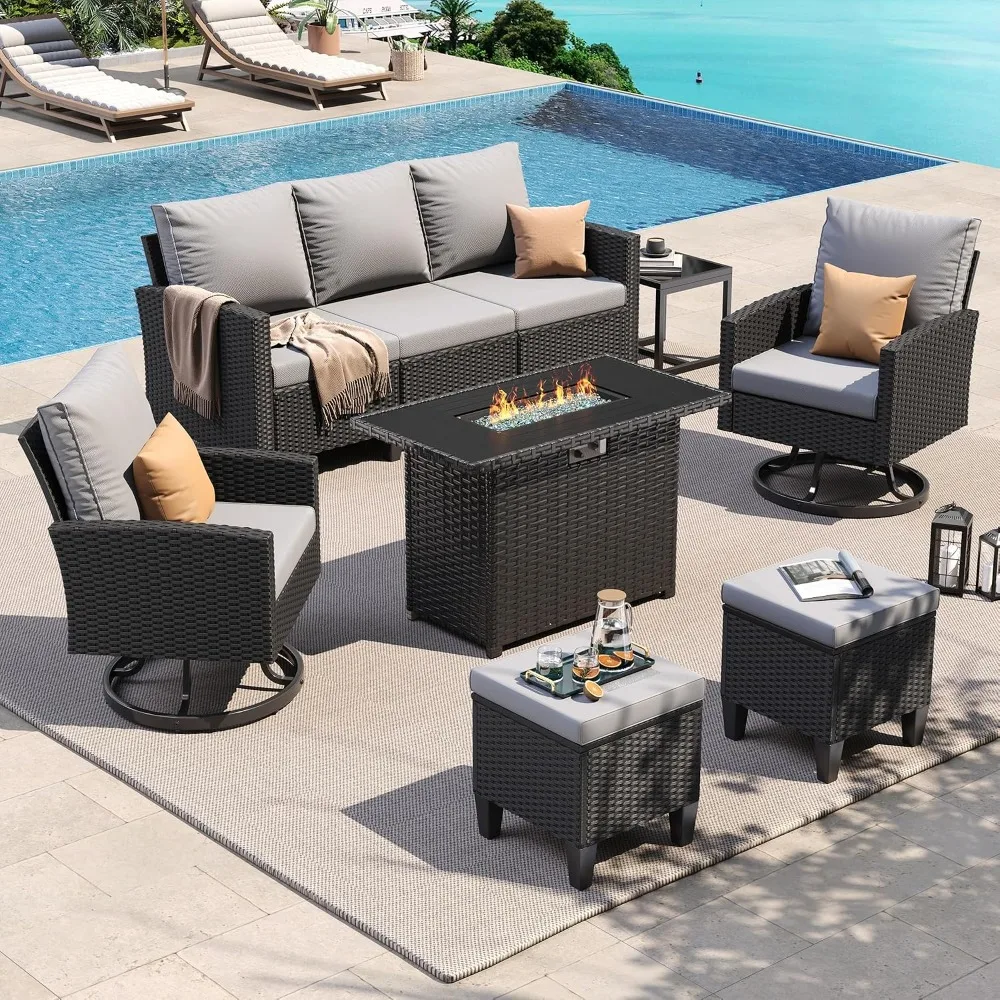Patio Furniture Set, Fire Table, Swivel Chairs, 7 Pcs Grey/Black, Custom