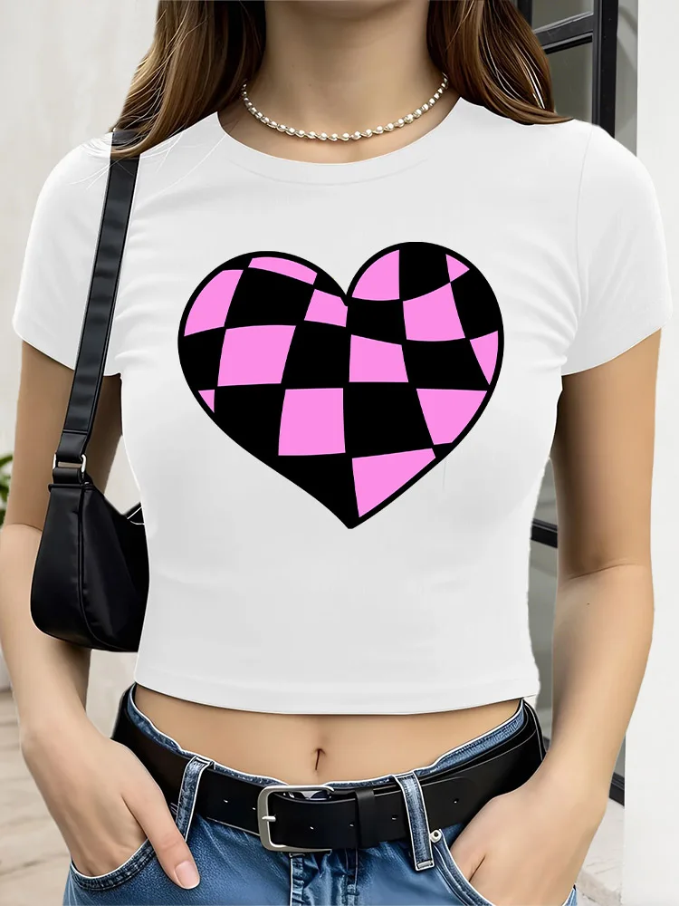 Zwart en roze geruit hart grafische crop top voor dames, slim fit T-shirt met korte mouwen, casual streetwear T-shirt voor de lente zomer