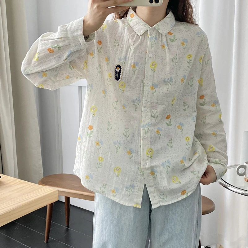 Double-layer Cotton Yarn Floral Printed Tops Women Clothes Long-sleeved New Turn Down Collar Slimming Shirts & Blouses U002