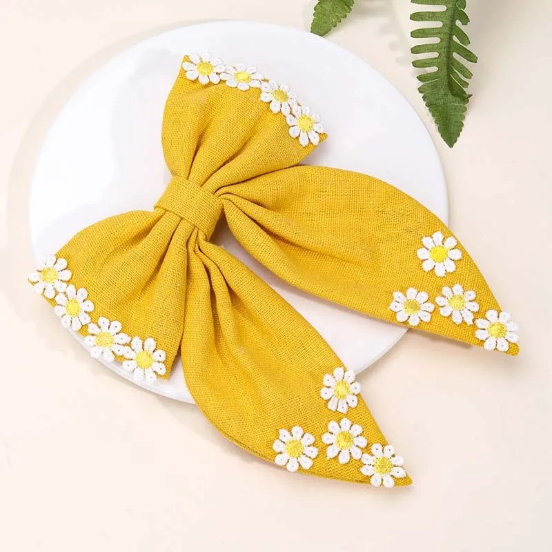 ncmama Fashion Daisy Bow Hair Clip Embroidered Bow Hairpin for Women Girl Cute Large Bowknote Barrettes Boutique Hair Accessorie