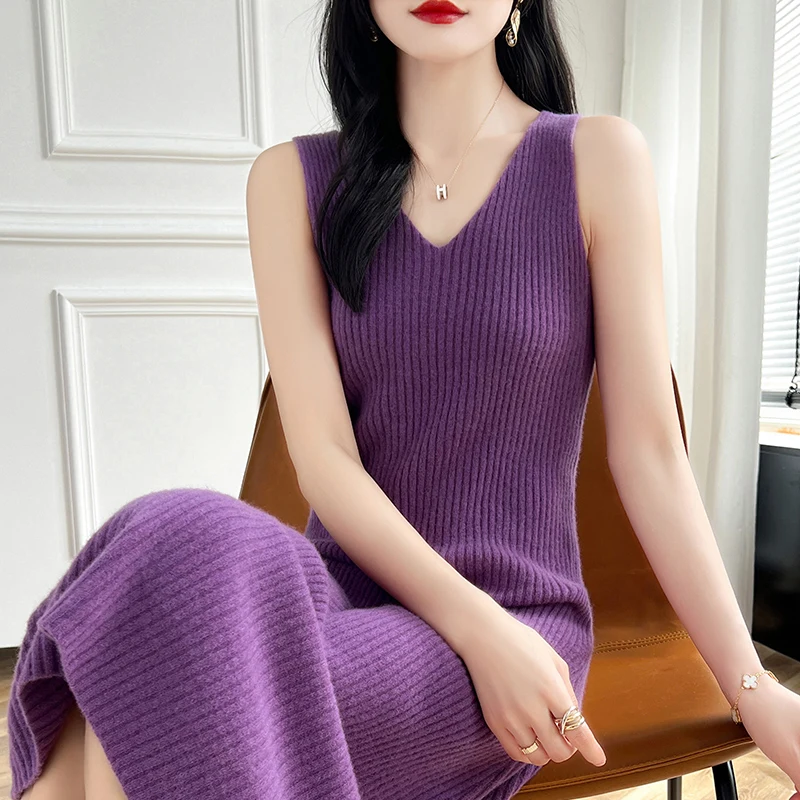 Slim fit exquisite women\'s long V-neck dress solid color knitted women\'s 100% wool sleeveless pullover sweater dress new product