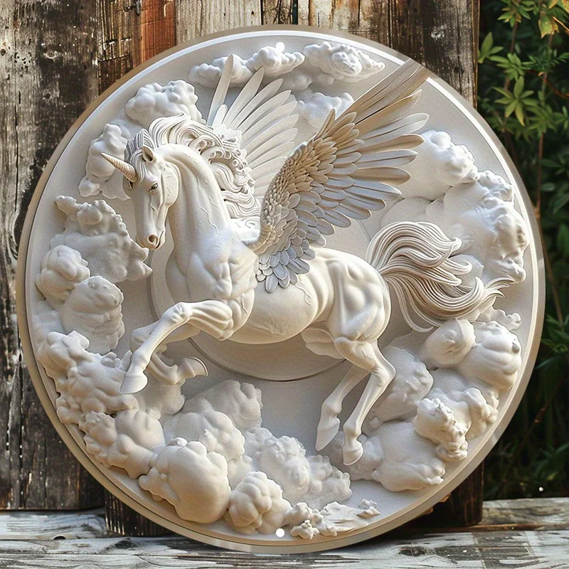 Pegasus Flying in Sky Round Aluminum Metal Sign, Waterproof Wall Decor, Fantasy Art Style, Door Hanger, Wreath Decoration