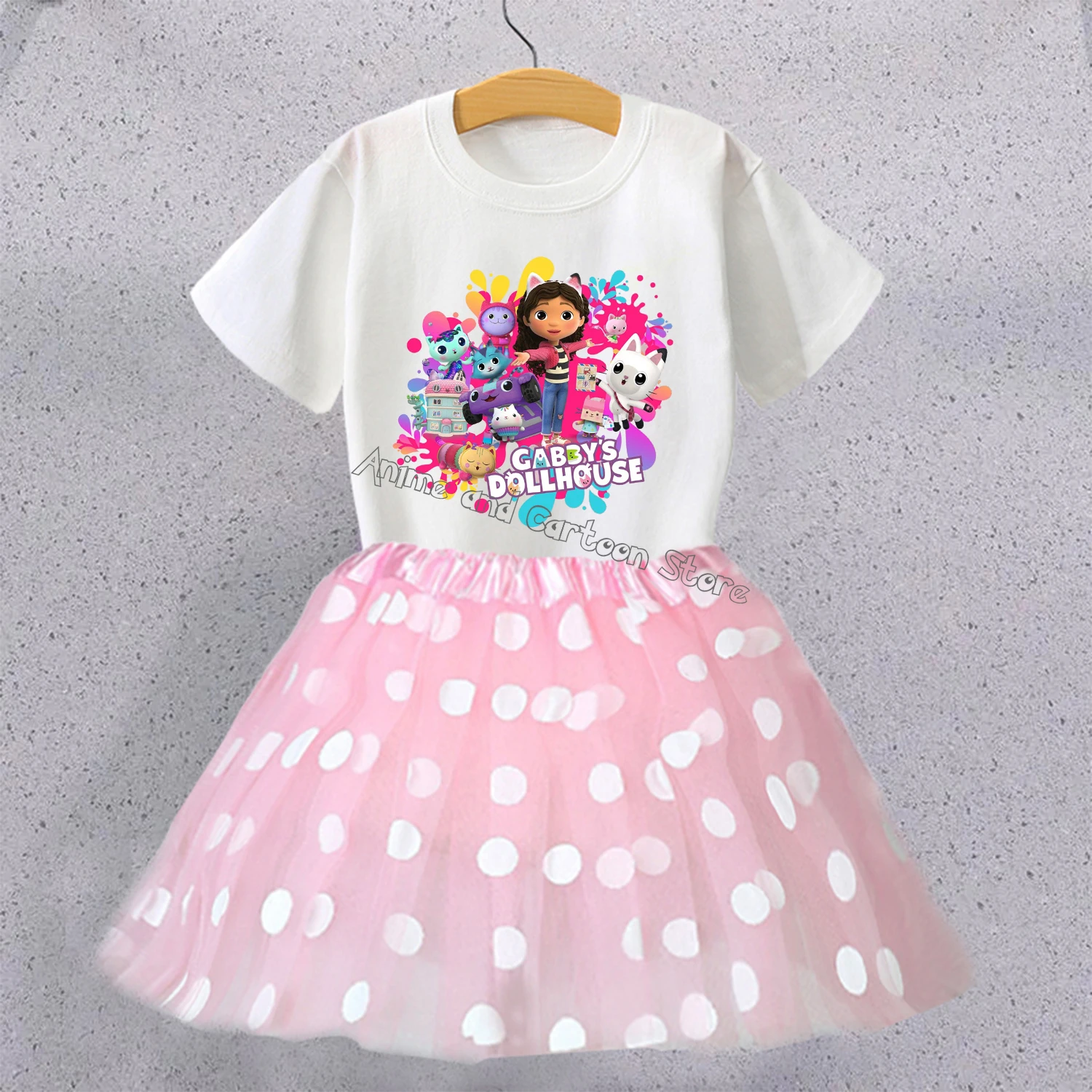 Gabby Dollhouse Girl Skirt Set New Party Clothes Cute Cartoon White T-shirt+dress Suit Fashion Kid Summer Clothing Children Gift