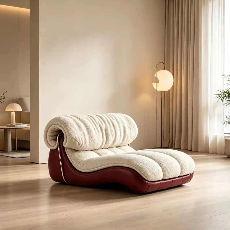Curly lamb wool single lounge sofa FRP irregular frame burgundy microfiber leather accent chair