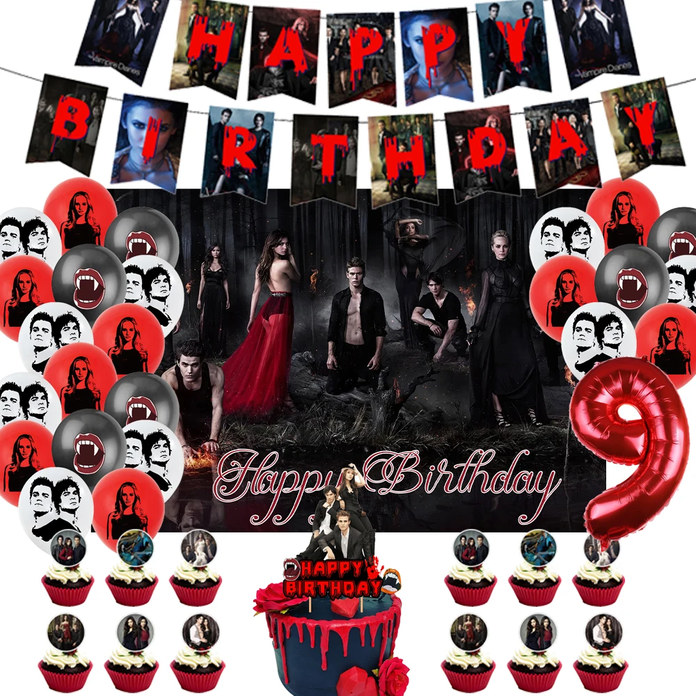 The Vampireing Diaries Theme Background Happy Birthday Party Decoration Accessories Cake Topper Banner Balloon Set Kids Gift