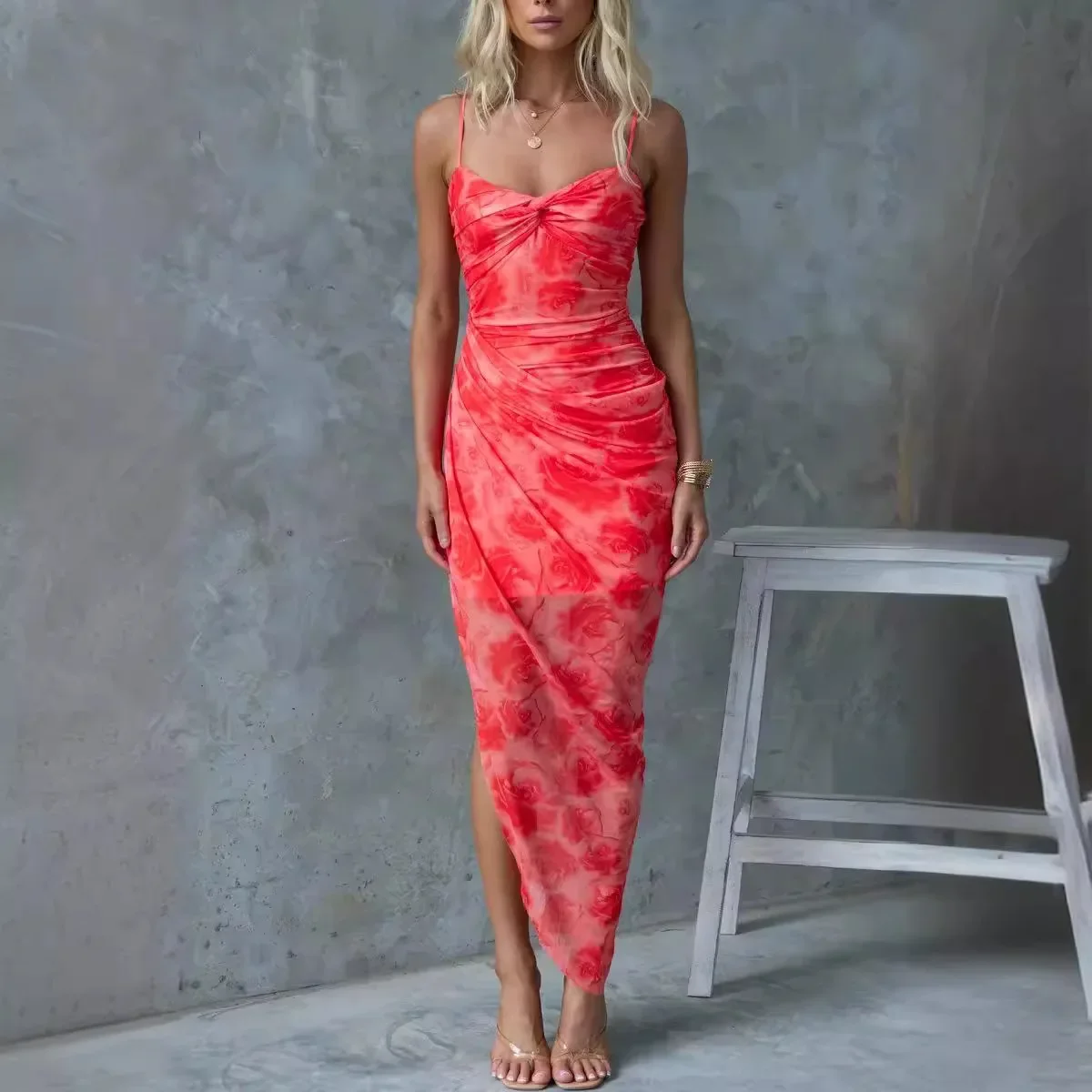 بلا أكمام الأزهار زهرة مطبوعة سبليت المرأة الربيع الصيف فستان بحزام جديد عطلة عادية فستان فضفاض