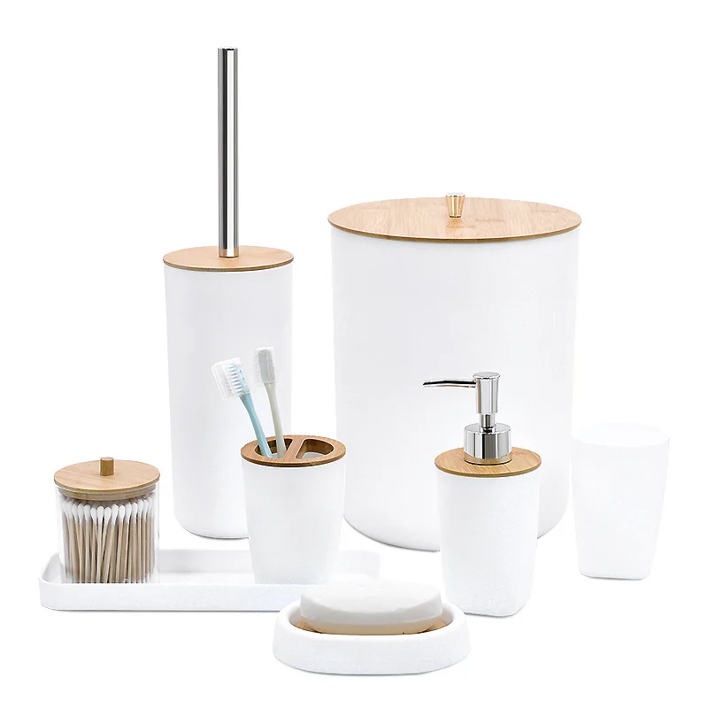 8Pcs/Set Soap Dispenser Box Toilet Brush Lotion Bottle Trash Can Bamboo Plastic Bathroom Storage Set Toothbrush Cup Holder