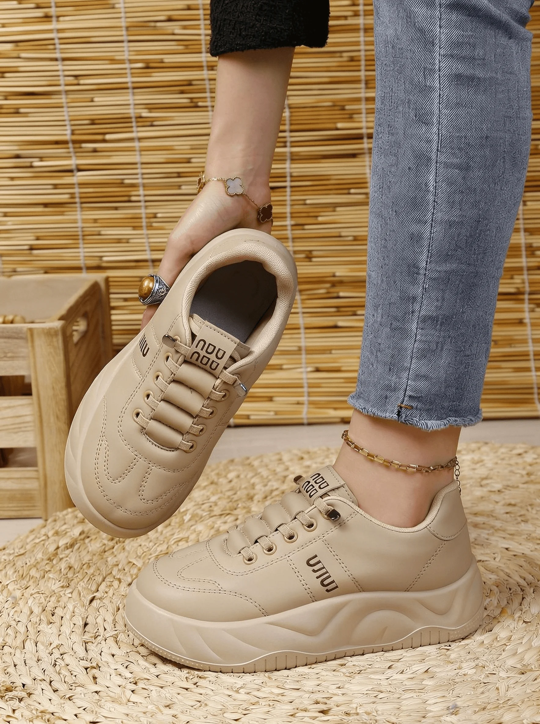 Damen-Plateau-Sneaker - Dicksohlige, einteilige, zum Überziehen und Schnüren geeignete Freizeitschuhe - Modische und vielseitige Laufschuhe – Detail 2