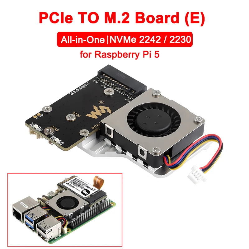 Carte adaptateur PCIe vers M.2 (E) avec ventilateur de refroidissement pour Raspberry Pi 5, compatible avec SSD NVMe M.2 de taille 2242/2230, lecture haute vitesse